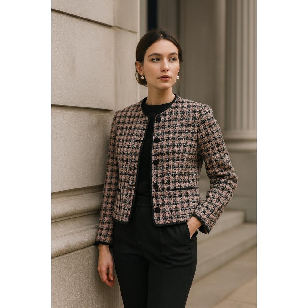 Koret‎ Old Money Editorial Romantic Blazer Jacket size 10 Pink Black Lace Trim